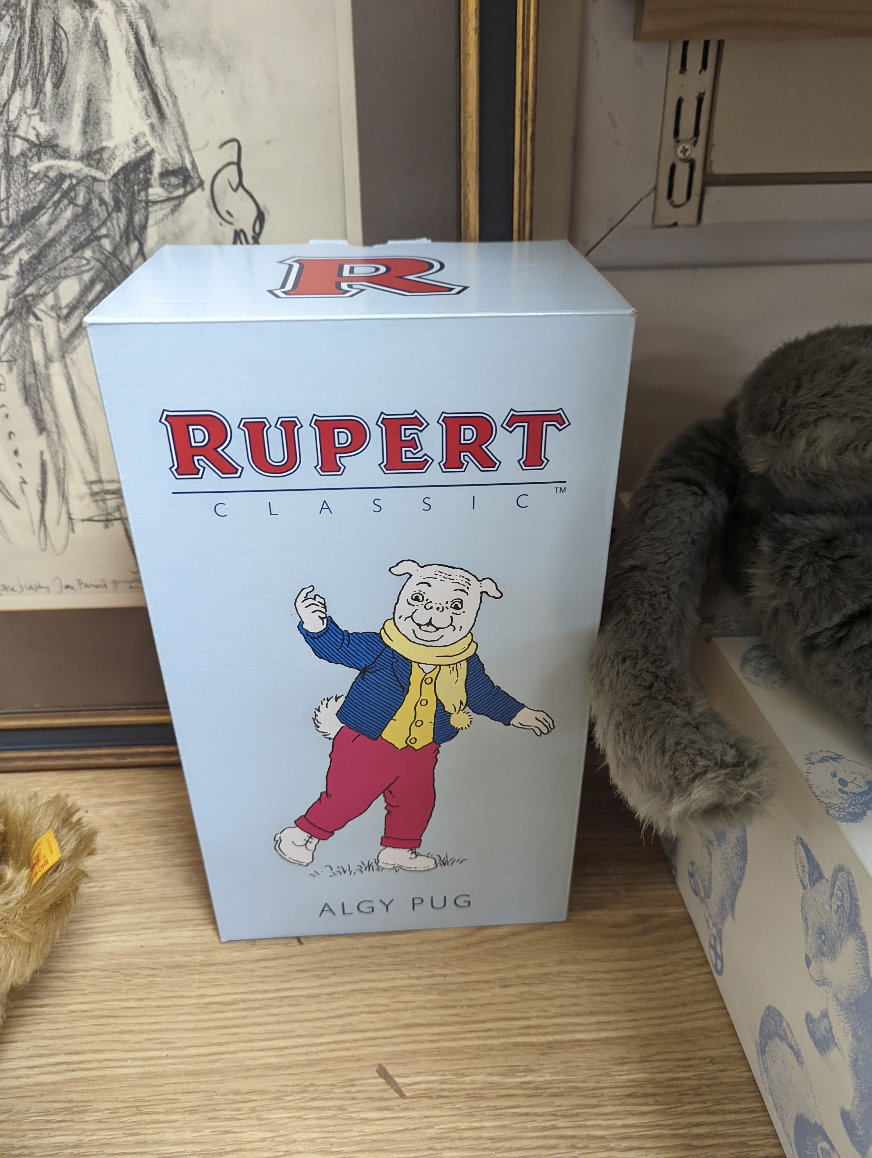 Steiff Classic 1903 bear with Steiff Limited Edition 'Algy' Pug from Rupert Series with Steiff Limited Edition 'Bill the Badger', Rupert Series both with box and certificate, bear 47 cms high.